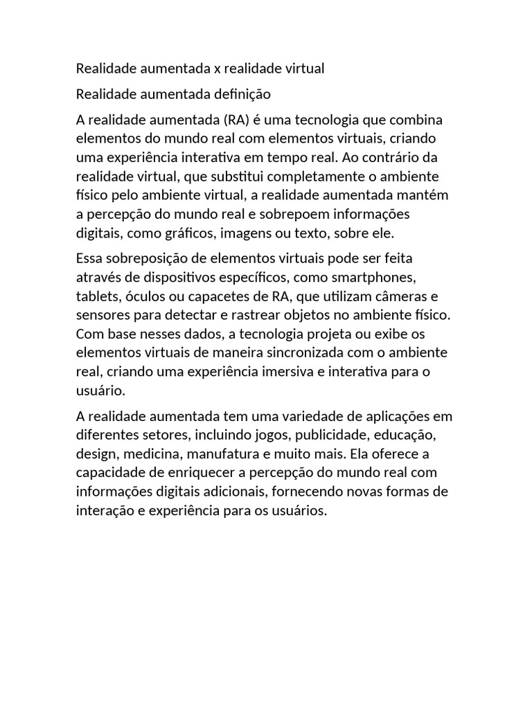 Diferenças entre Realidade Aumentada e Virtual | PDF | Realidade ...