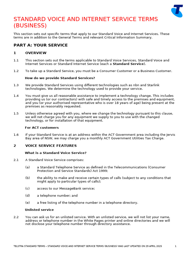 Telstra Standard Terms Upfront Internet and Voice SMB | PDF | Ip ...