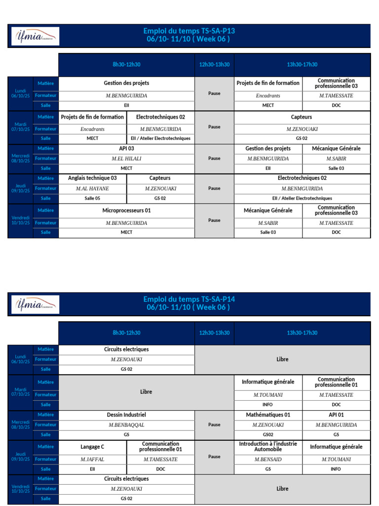 Emploi du temps TS 06-11 Octobre 2025 | PDF | Informatique