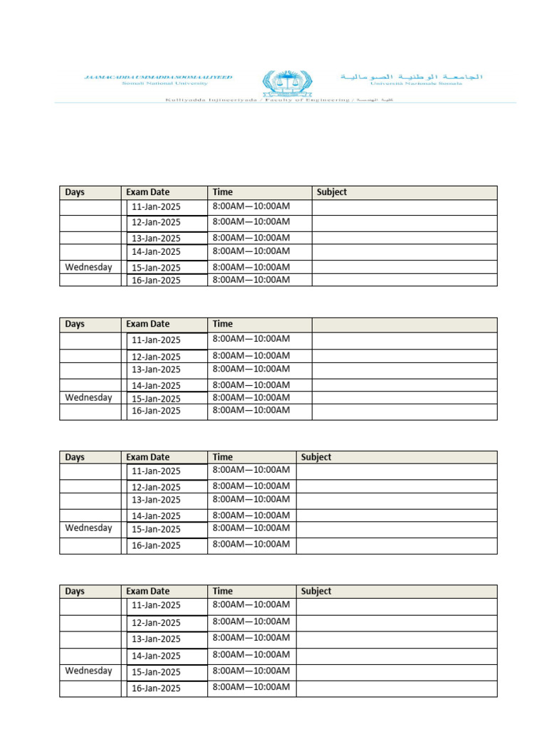 Final Exam Scheduel All Batch Six Jan 2025 | PDF