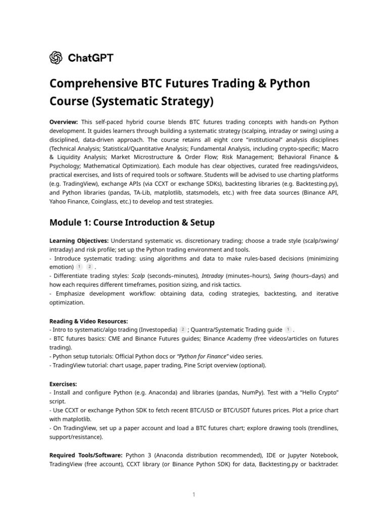 Comprehensive BTC Futures Trading & Python Course (Systematic Strategy) |  PDF | Technical Analysis | Cryptocurrency