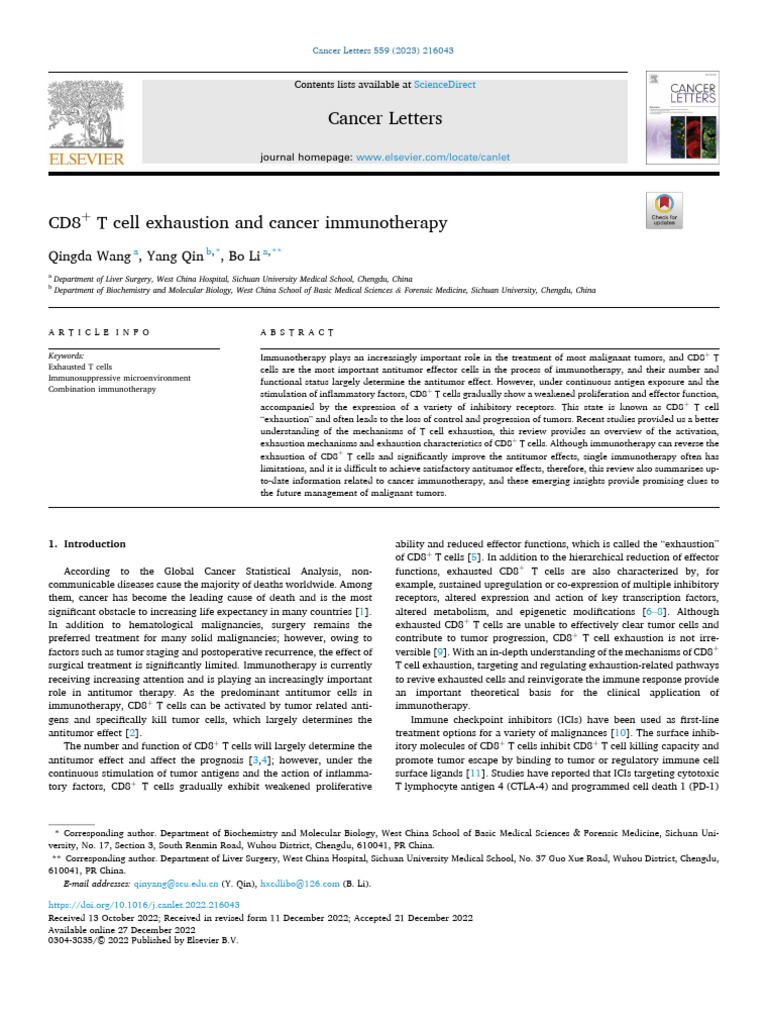 CD8+ T Cell Exhaustion in Cancer Immunotherapy | PDF | T Cell ...