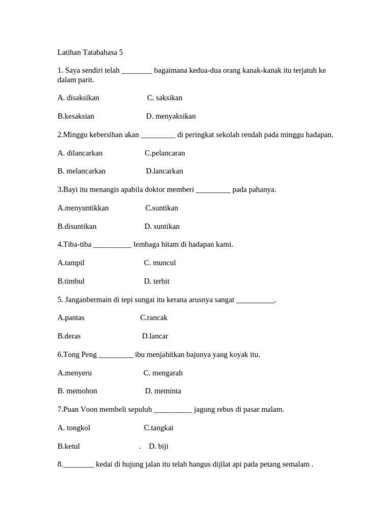 Latihan Tatabahasa Bahasa Melayu 5 | PDF