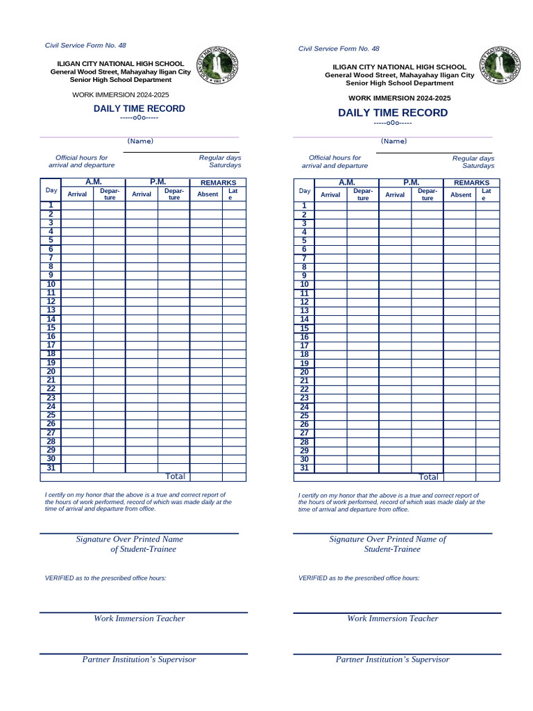 Work Immersion Daily Time Record 2024-2025 | PDF
