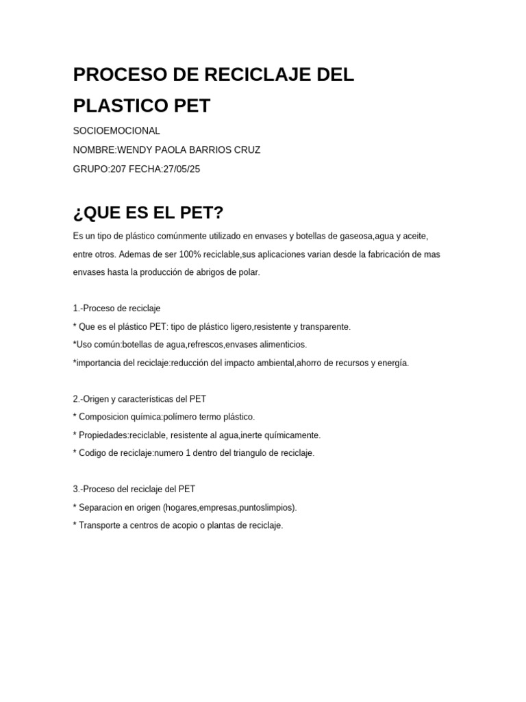 Proceso de Reciclaje del Plástico PET | PDF | Reciclaje | El plastico