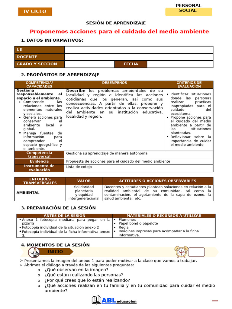 SESIÓN PERSONAL 2 Proponemos Acciones para El Cuidado Del Medio ...