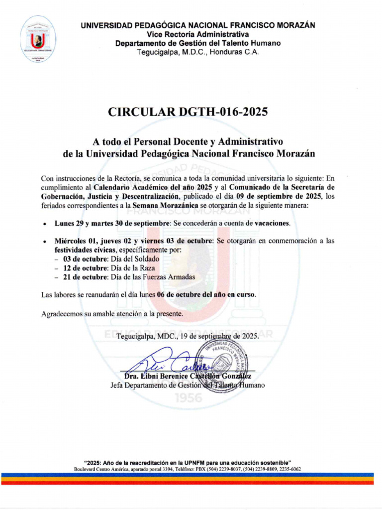 Circular DGTH-016-2025 Feriado Morazánico | PDF