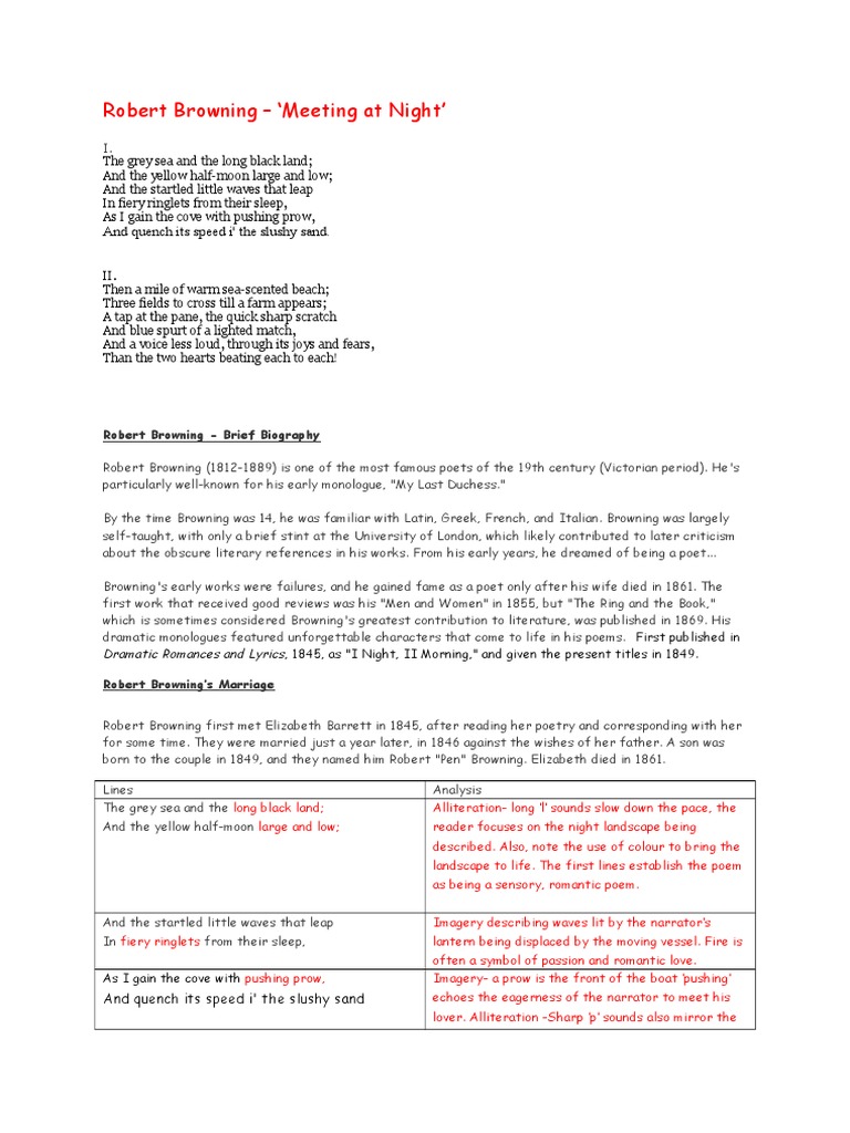 Meeting at night robert browning analysis