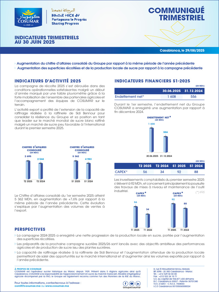 Indicateurs Trimestriels COSUMAR S1 2025 | PDF | Maroc | Économie