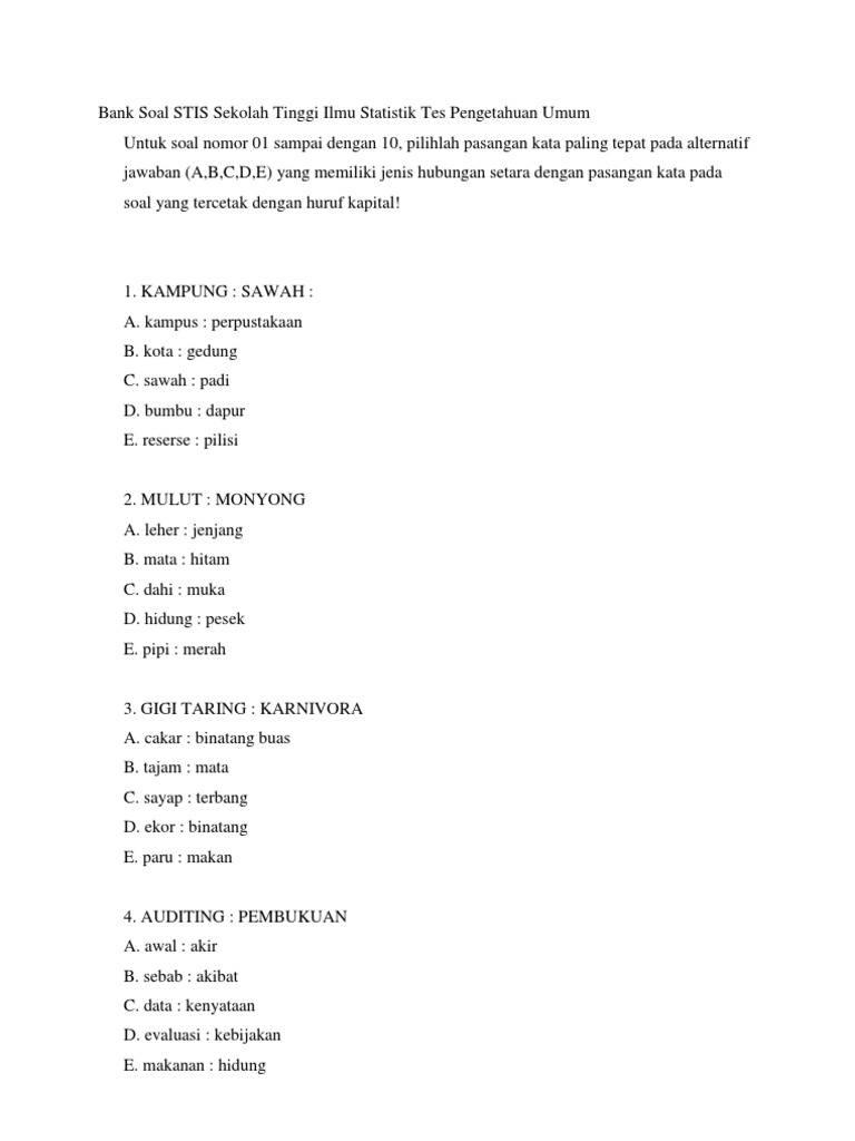 Bank Soal Stis Sekolah Tinggi Ilmu Statistik Tes Pengetahuan Umum