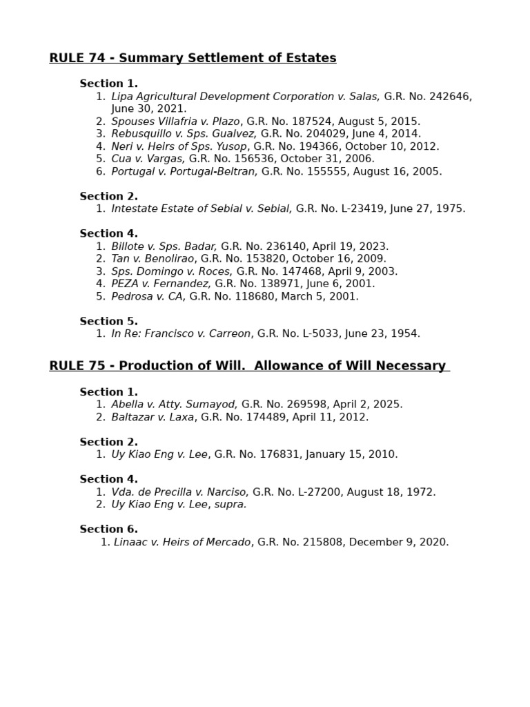 Summary of Rule 74 & 75 Cases | PDF