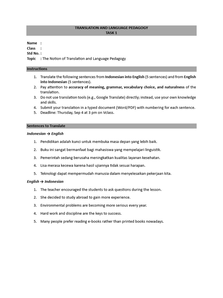 Translation Task for Language Pedagogy | PDF | Translations | English ...