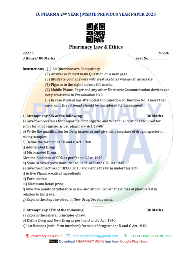 D. Pharma 2nd Year Pharmacy Law Exam Paper | PDF | Pharmacy ...