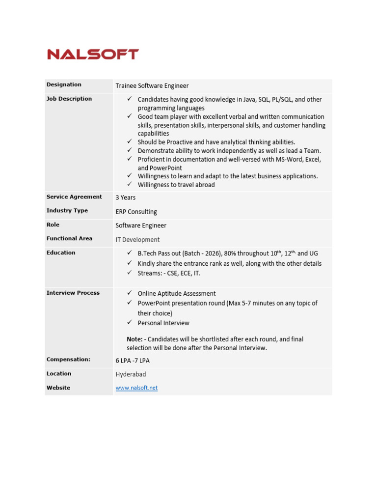 Trainee Software Engineer Job in Hyderabad | PDF