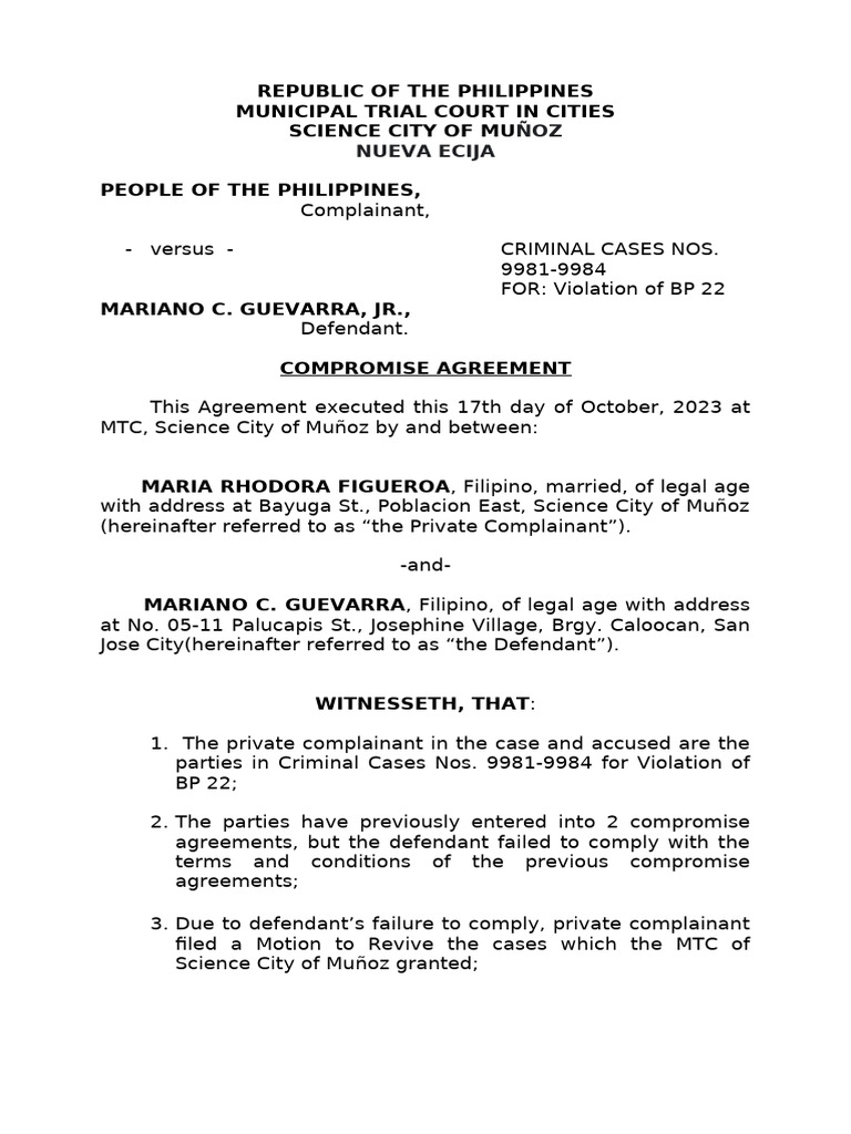Compromise Agreement in BP 22 Case | PDF | Common Law