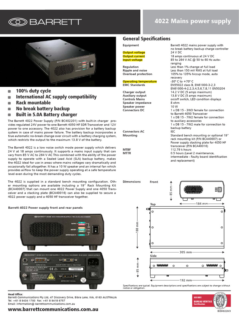 Barrett 4022 Power Supply Overview | PDF | Power Supply | Battery Charger