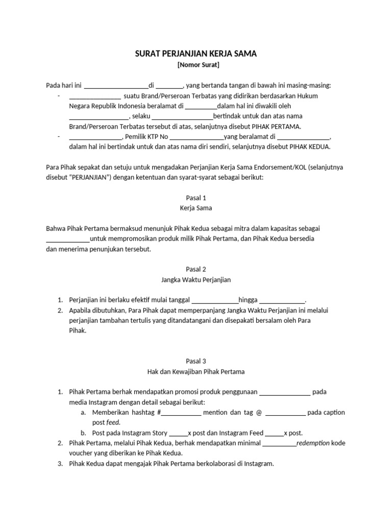 Template Contoh Surat Perjanjian Kerja Sama KOL 4 | PDF