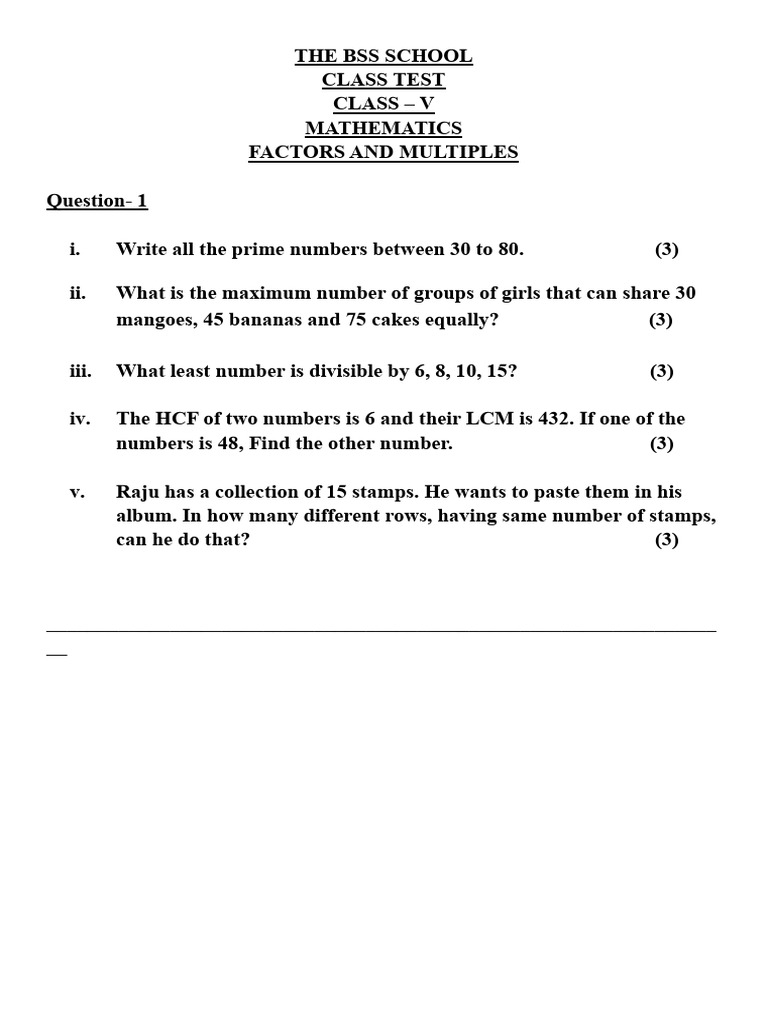 Class V MATHS Class Test (Factors and Multiples) | PDF