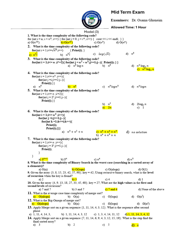 Algorithms Analysis Midterm Exam 2024 | PDF | Time Complexity | Genetic ...