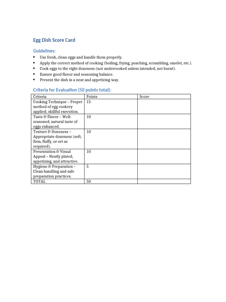Egg Dish Score Card | PDF