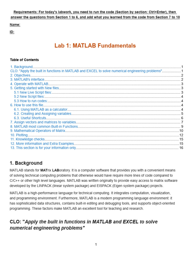 MATLAB Fundamentals Lab Guide | PDF | Matlab | Matrix (Mathematics)