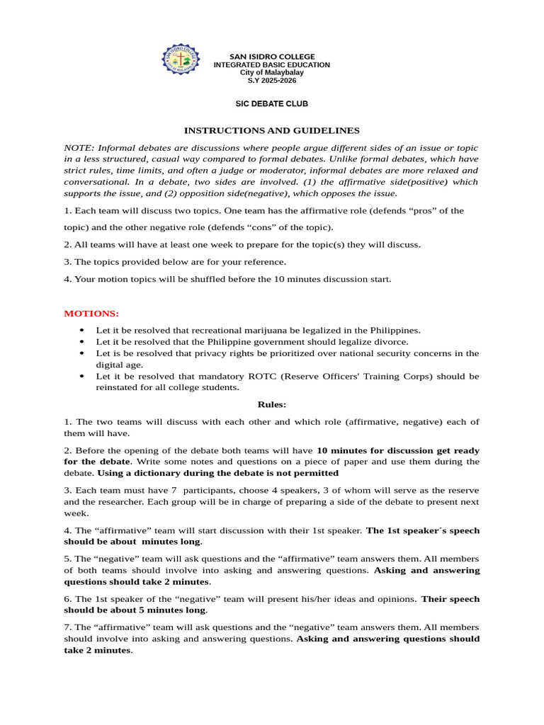 Guidelines and Instructions For Debate - Session 1 | PDF | Question ...