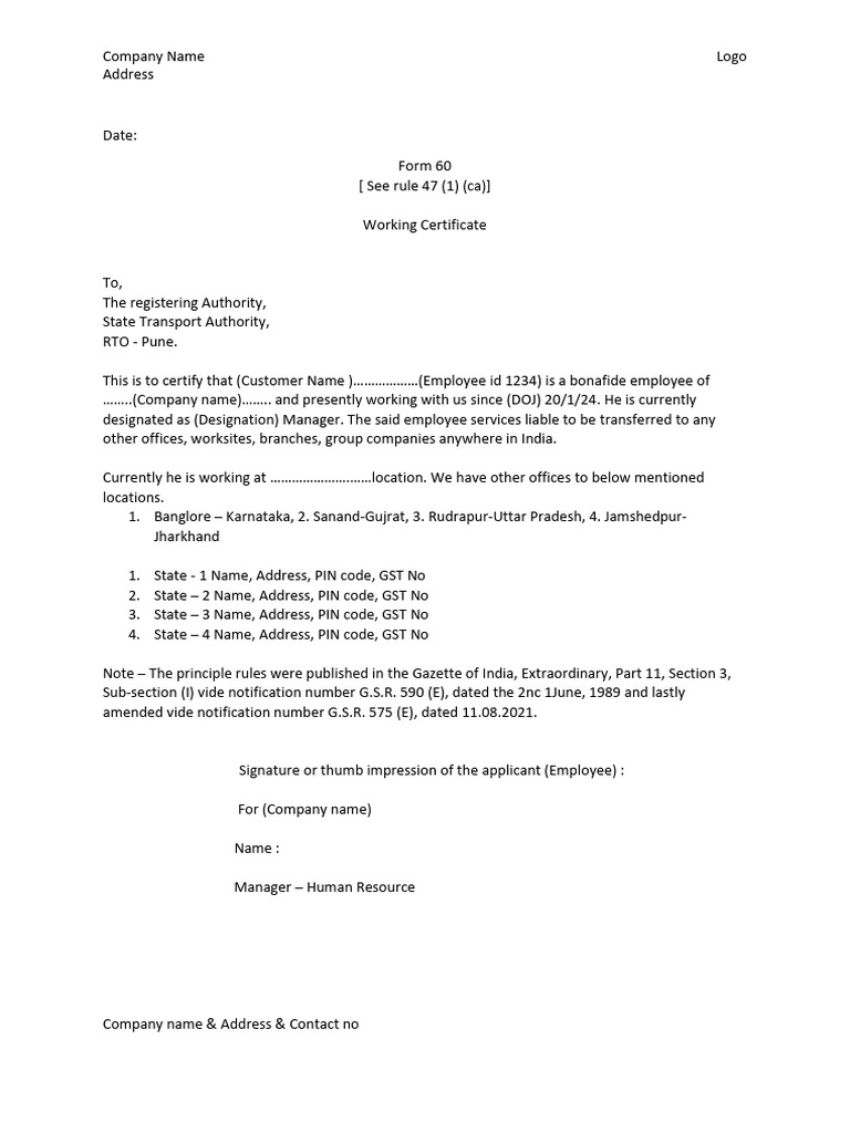 Form 60 Working Certificate Sample | PDF