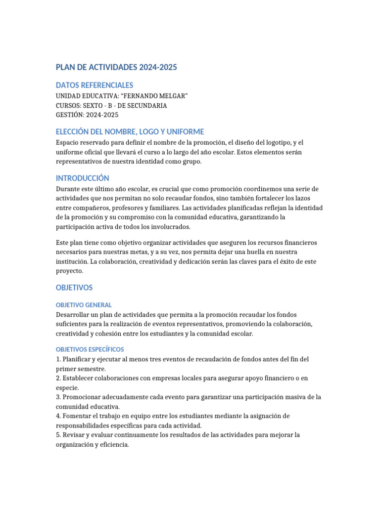 Plan de Actividades 2024-2025 Secundaria | PDF