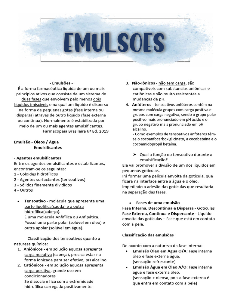 Resumo sobre Emulsoes | PDF | Emulsão | Química Física