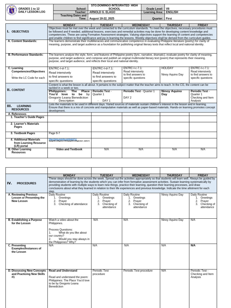 Daily Lesson Log for Grade 7 English | PDF | Behavior Modification ...