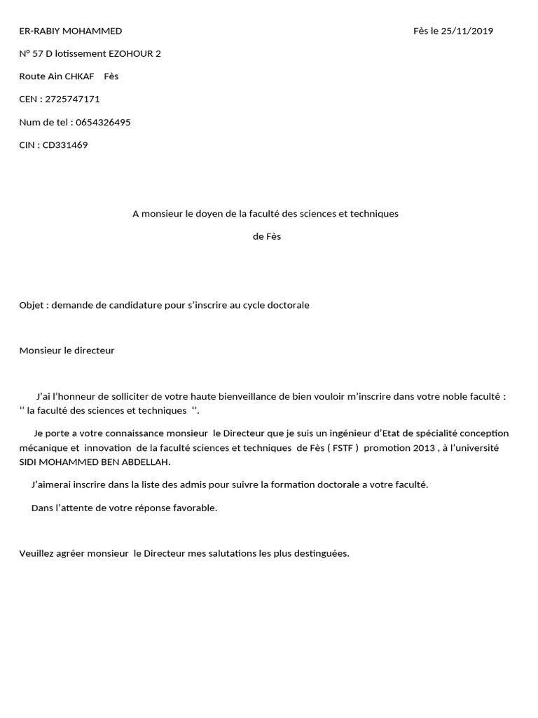 Demande d'inscription au doctorat FSTF | PDF
