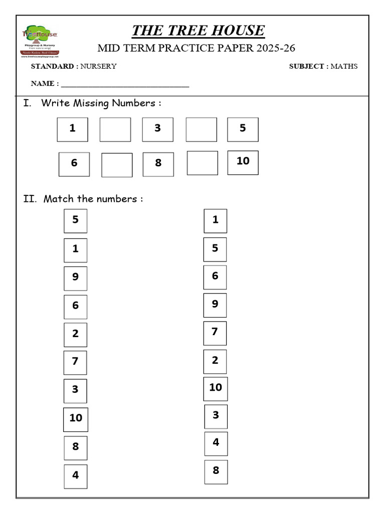 Nursery Maths Mid Term Practice Paper 2024-25 | PDF