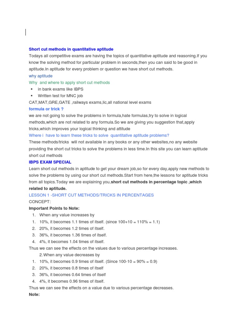 Shortcuts for Percentage in Aptitude | PDF | Percentage | Test (Assessment)
