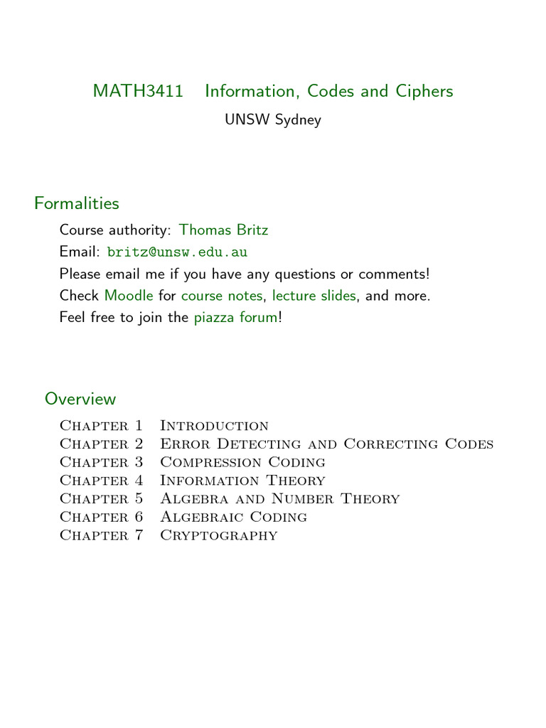 Information Theory and Coding MATH3411 | PDF | Code | Prime Number