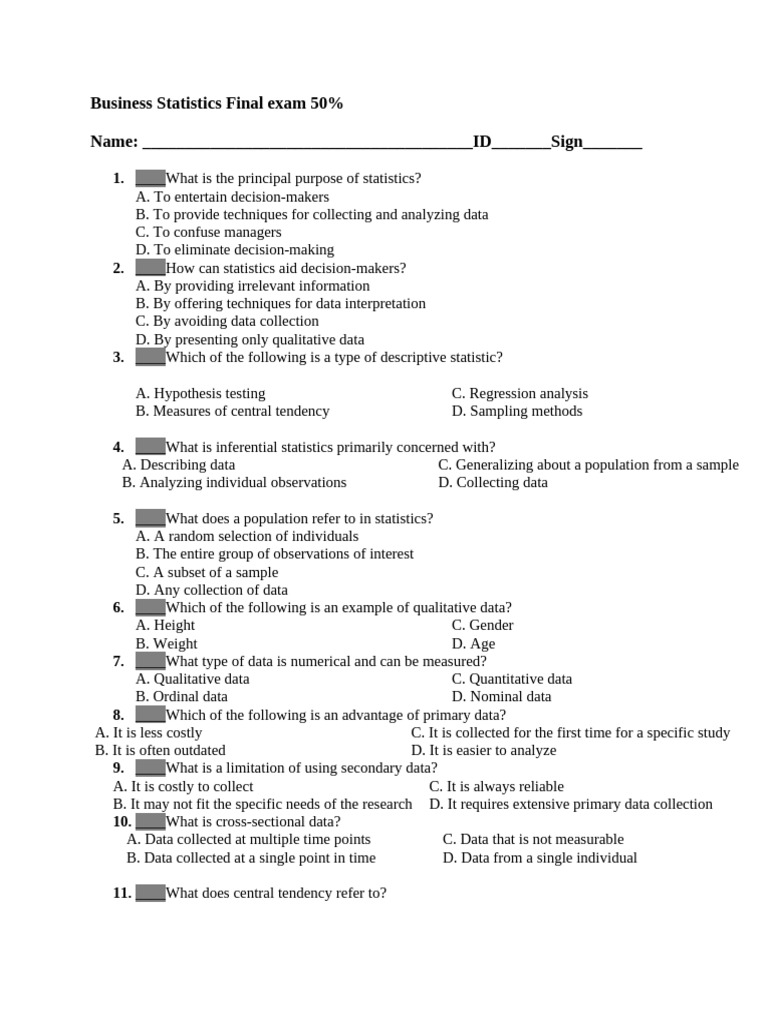 Business Statistics Final Exam Guide | PDF | Statistics | Mean