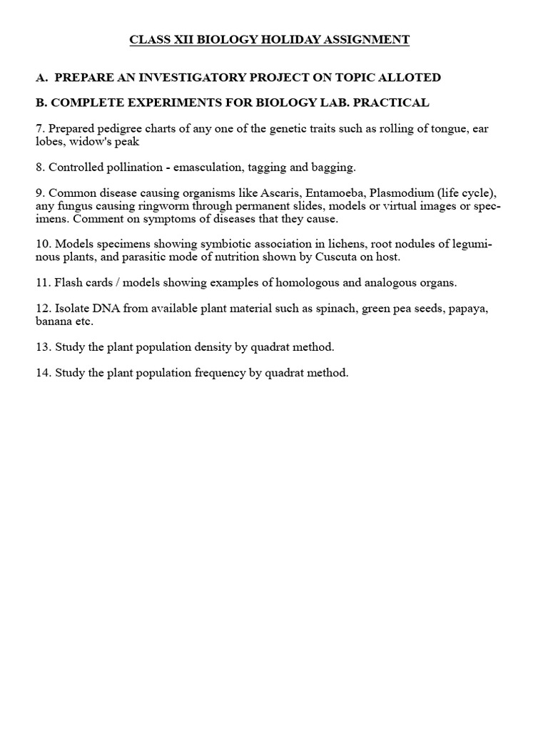 Class XII Biology Holiday Assignment | PDF
