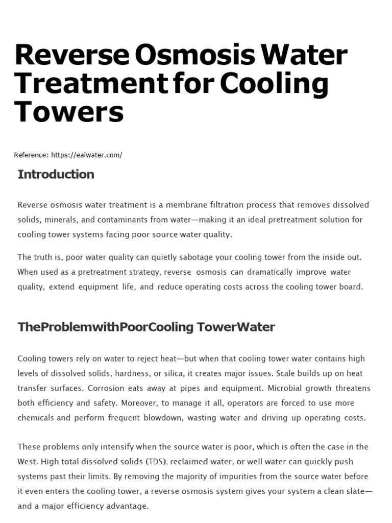 Reverse Osmosis Water Treatment For Cooling Towers | PDF | Membrane ...