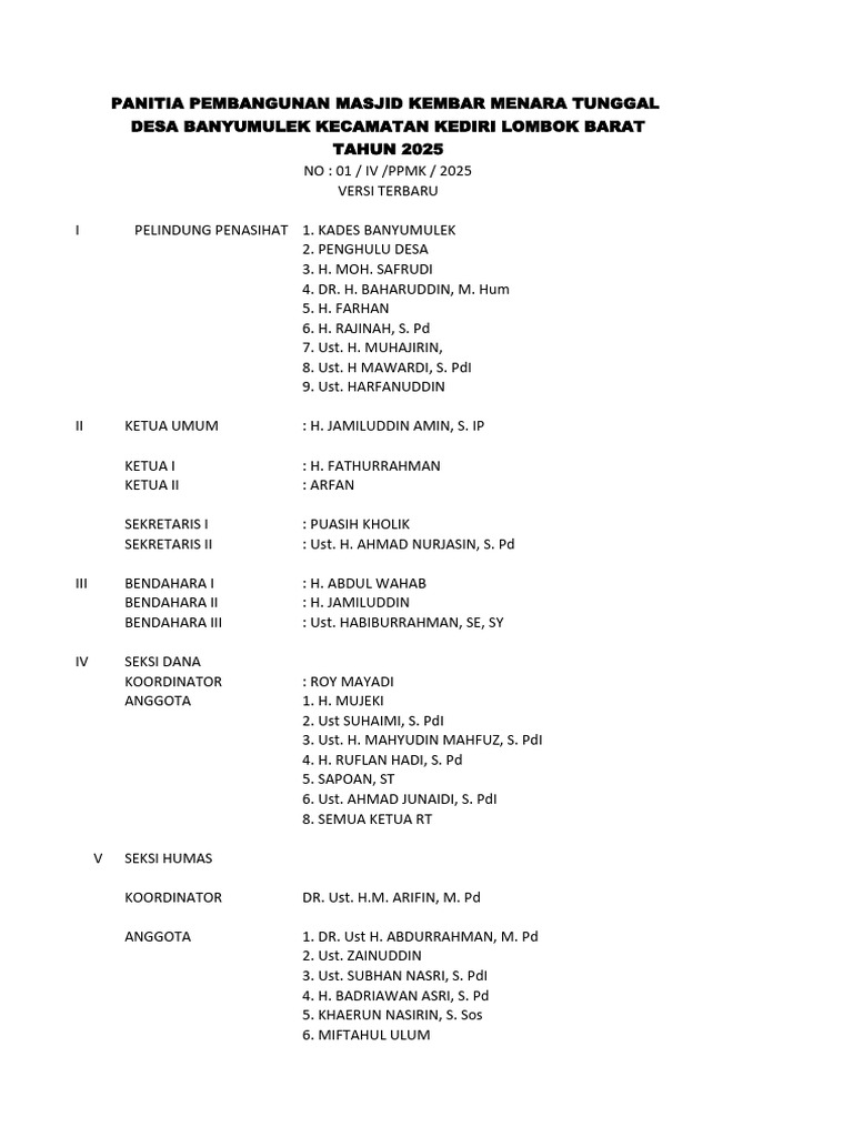 Struktur Panitia Pembangunan Masjid Banyumulek | PDF