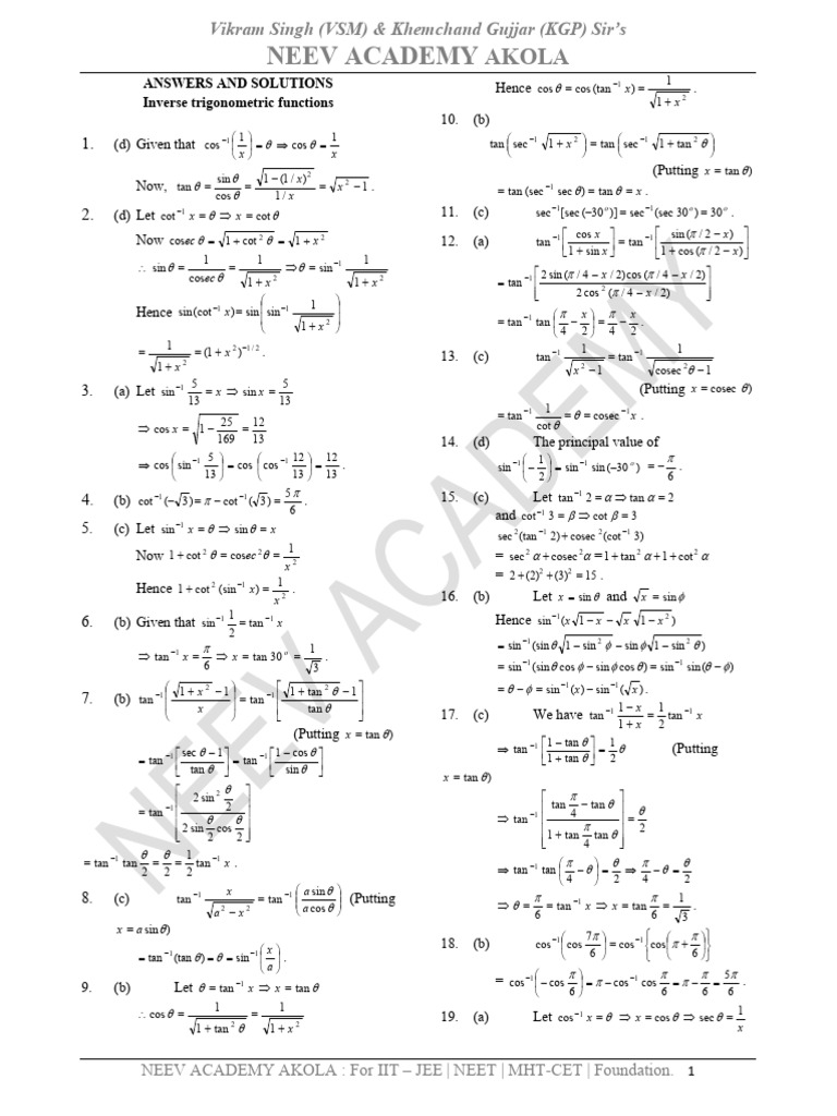 INVERSE TRIGONOMETRIC FUNCTION Solutio N | PDF