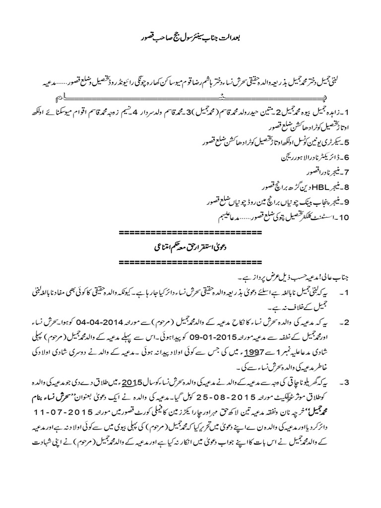 Lubna Jameel Vs Zahida Jameel Etc Suit For Declaration | PDF