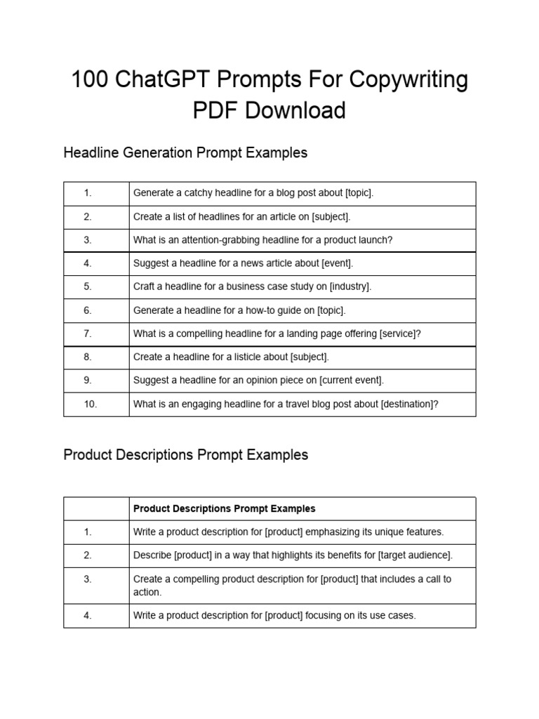 100 ChatGPT Prompts for Copywriting PDF Download (1) | PDF ...