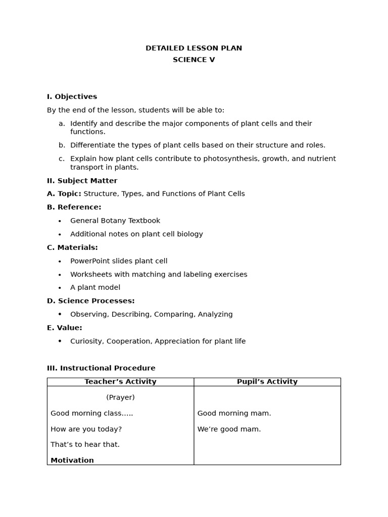 Detailed Lesson Plan - Plant Cell | PDF | Cell (Biology) | Endoplasmic ...