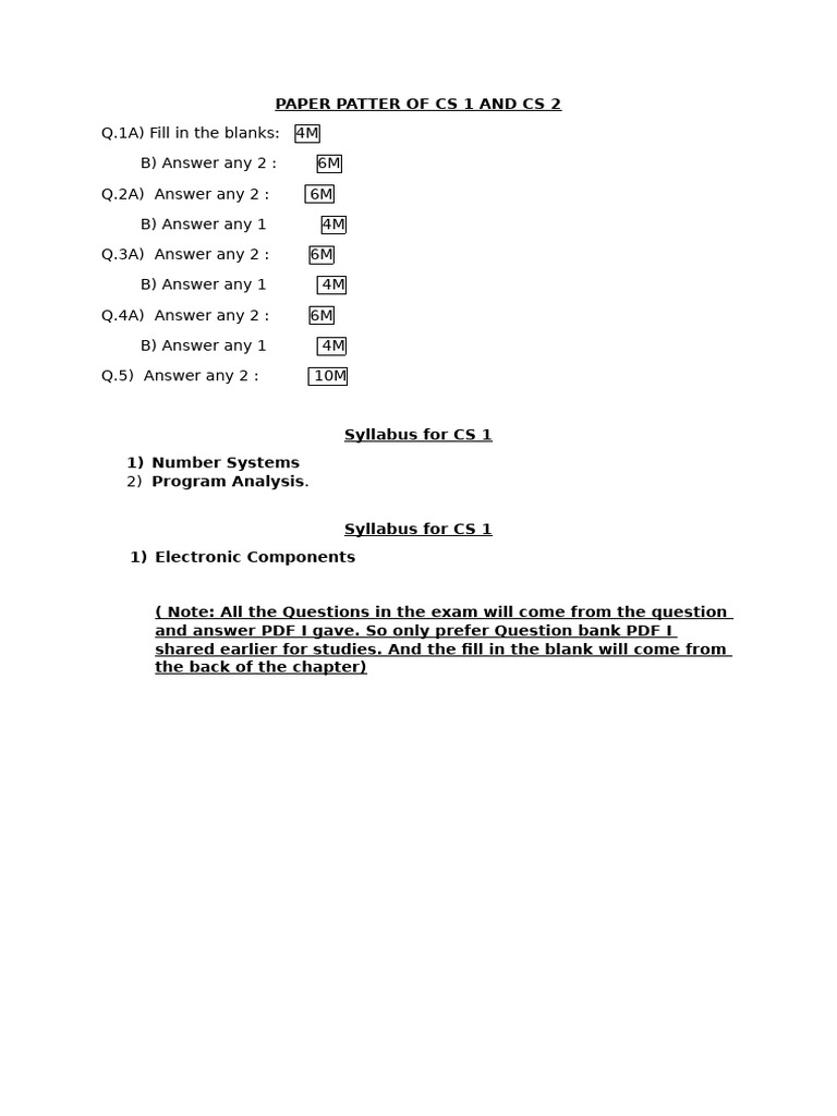 Paper Patter of Cs 1 and Cs 2 | PDF