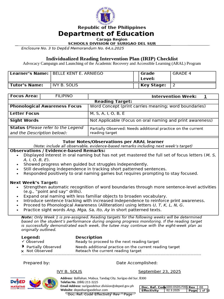IRIP Checklist for ARAL Program | PDF | Learning Methods | Linguistics