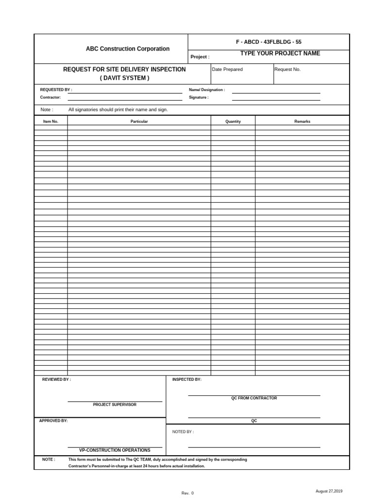 Site Delivery Inspection Request Form | PDF