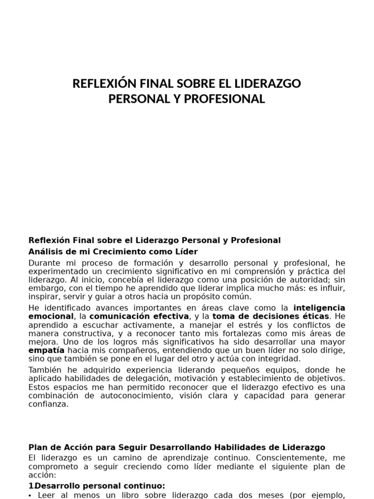 Reflexión Final Sobre El Liderazgo Personal y Profesional | PDF ...