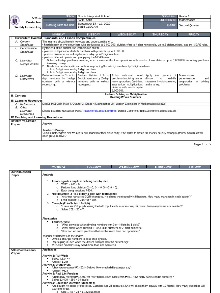 Math 4 Lesson-plan-sept 1-5, 2025 | PDF | Multiplication | Curriculum