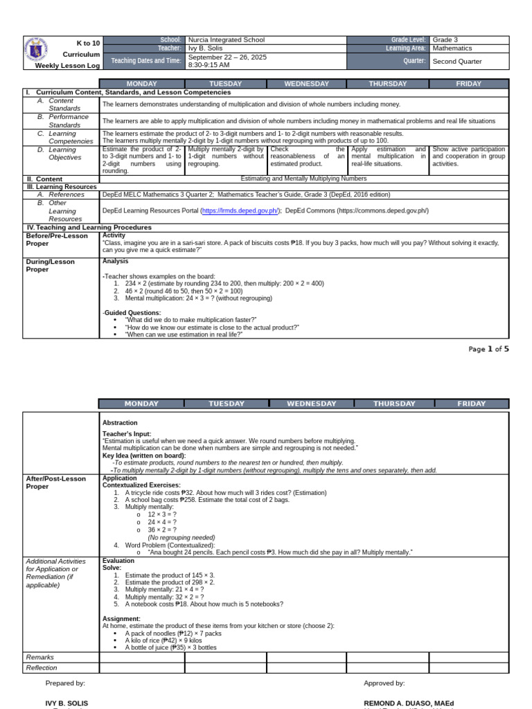 Grade 3 Math Weekly Lesson Plan | PDF | Multiplication | Learning