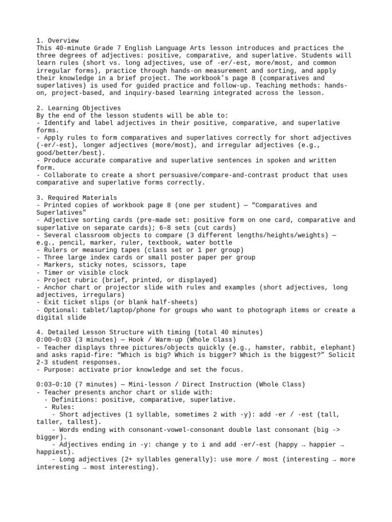 Degrees Of Adjectives Lesson Plan Pdf Adjective