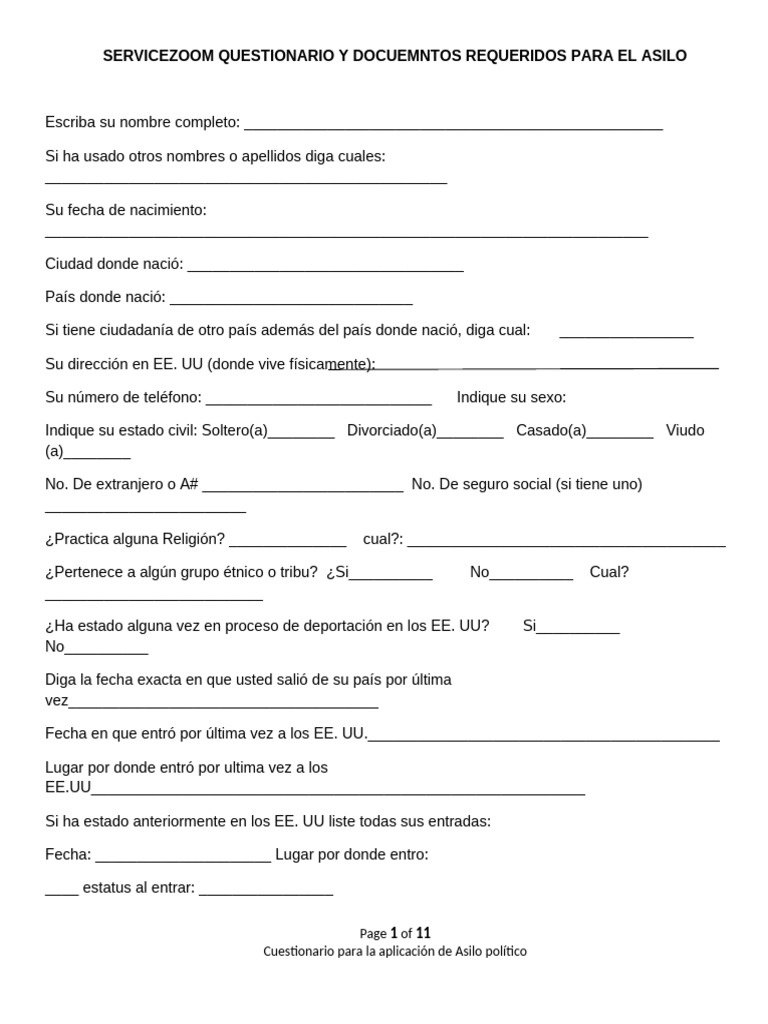 Cuestionario para Solicitud de Asilo | PDF